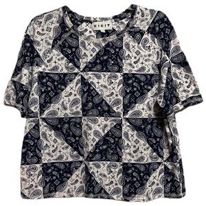 K•I•K•I•T Scarf Design, Short Sleeve, Round Neckline Top, Blue/White, Size L